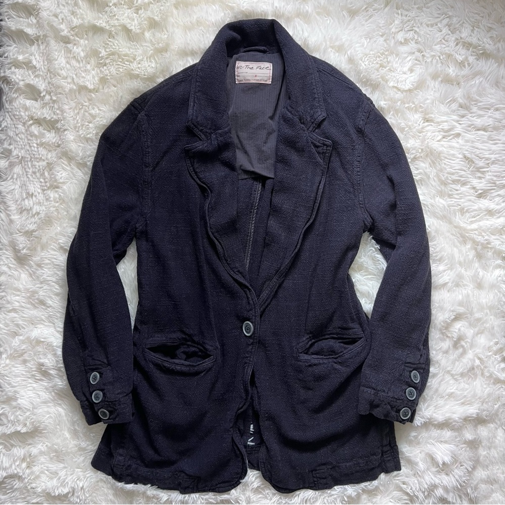 We The Free Navy Blue Beckett Linen-Blend Boyfriend Blazer